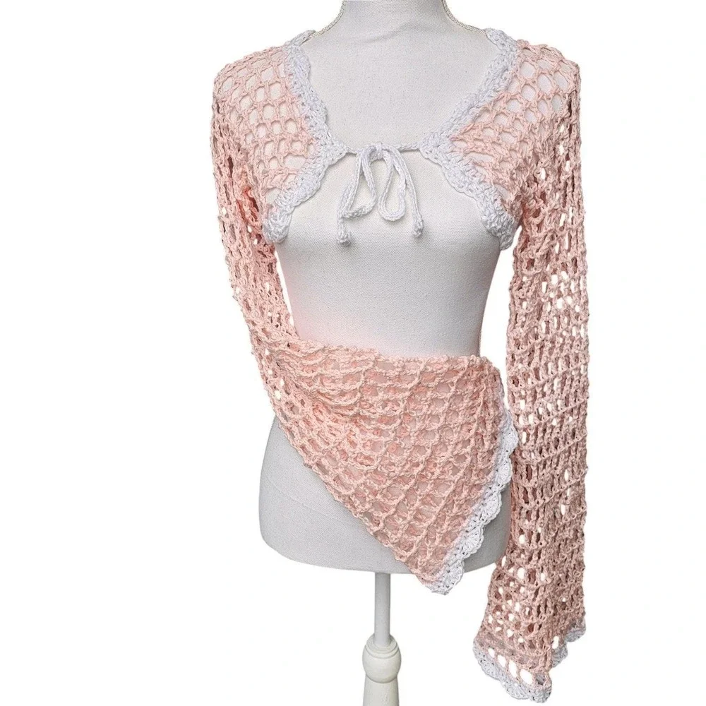 Handmade‎ Crochet Bell Sleeve Front Tie Summer Cardigan, Festival Bohemian Shrug